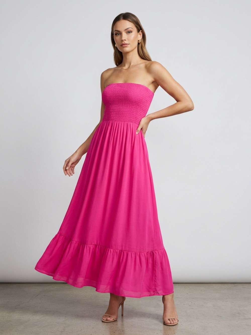 Strapless Smocked Maxi Dress in Fuchsia